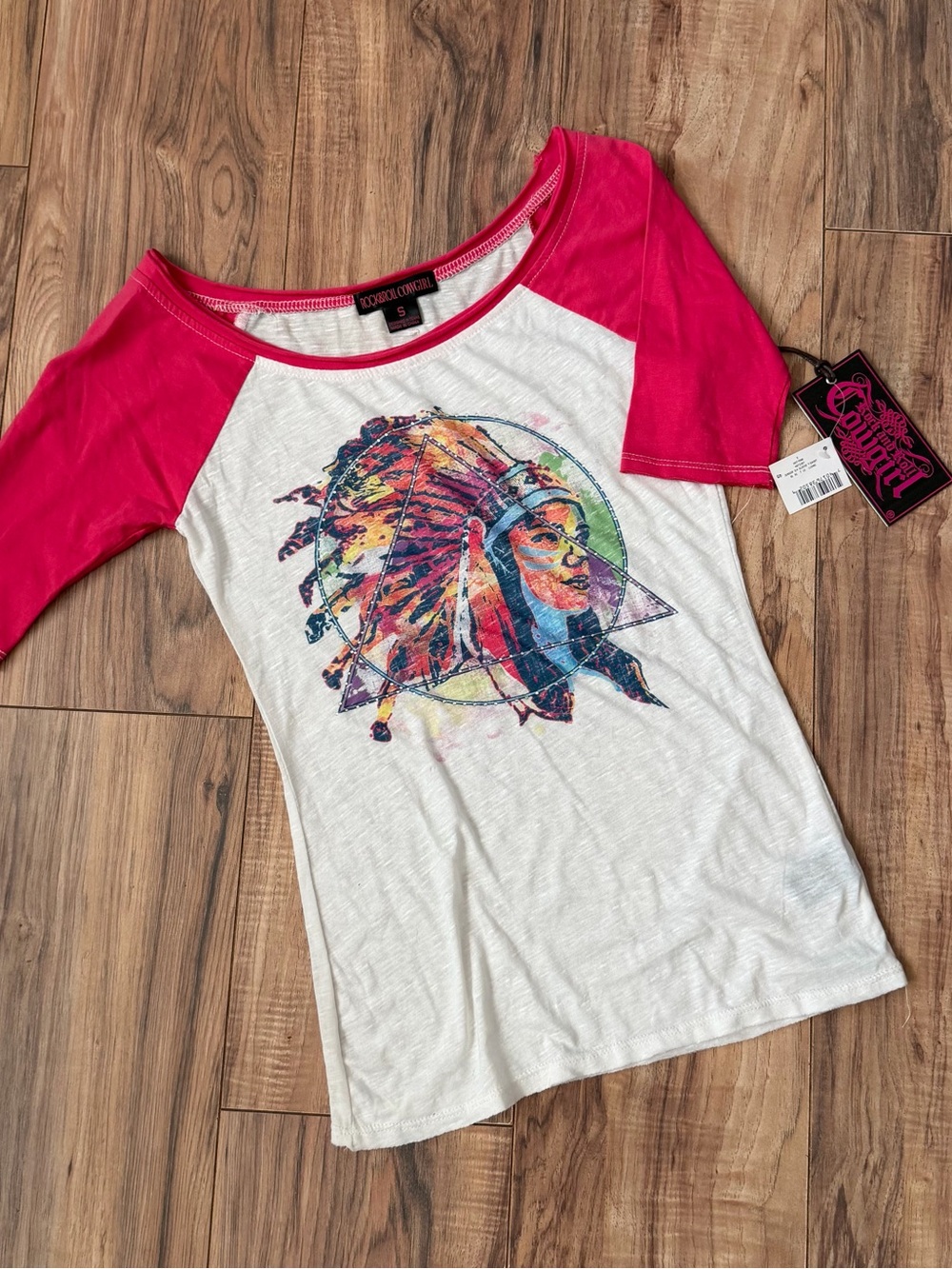 White Raglan Tee with Hot Pink Sleeves and Colorful Headdress Graphic • Size: S